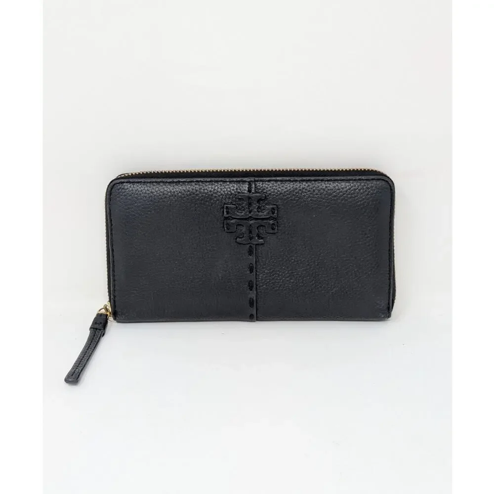 Tory Burch Black Leather Zip Around Wallet Pebbled Logo Continental